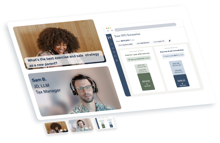video call showing Harness Tax equity tax advisor session with IPO tax scenario planning of ISOs
