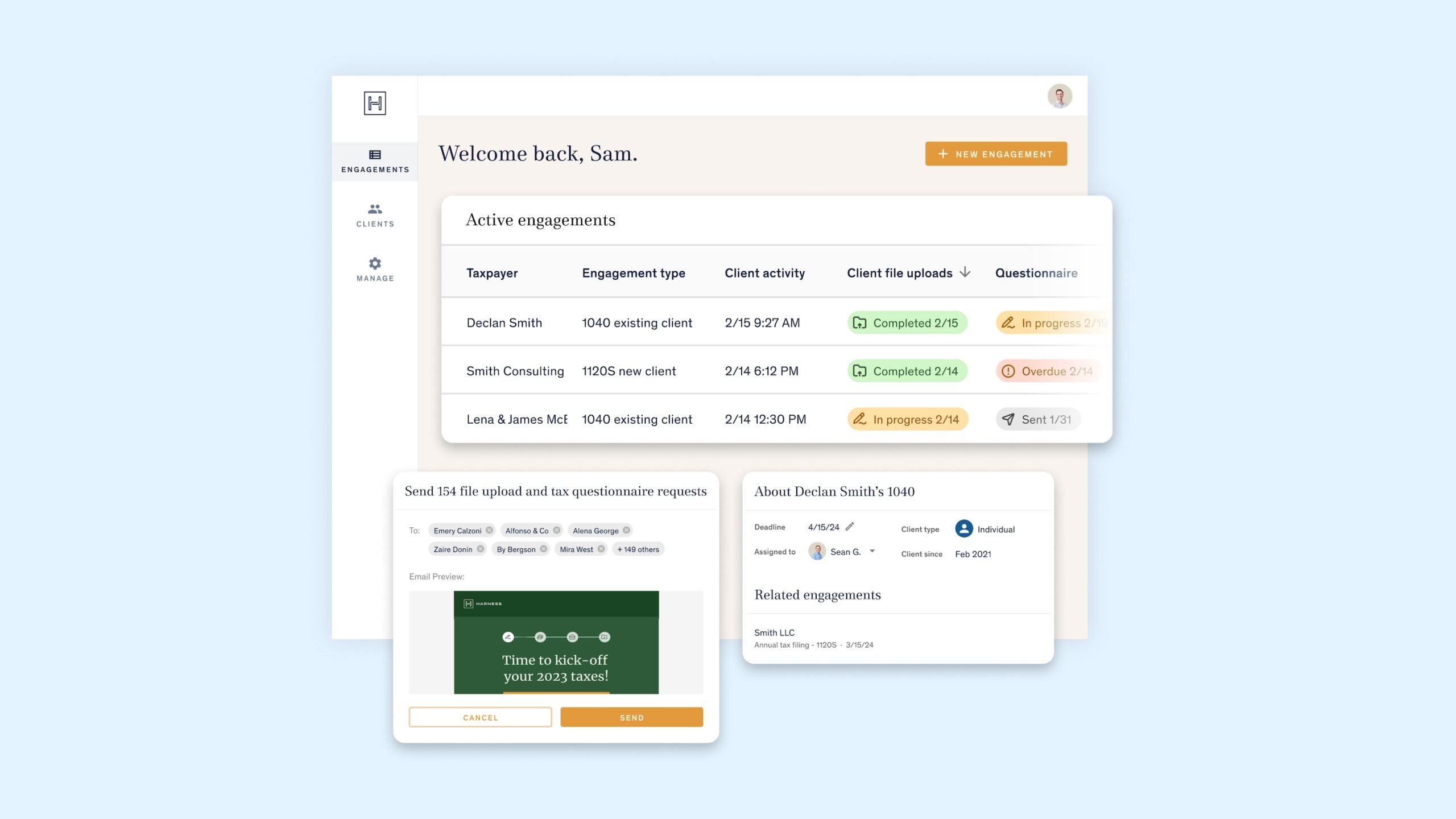 A collection of screenshots from the Harness tax advisory solutions platform
