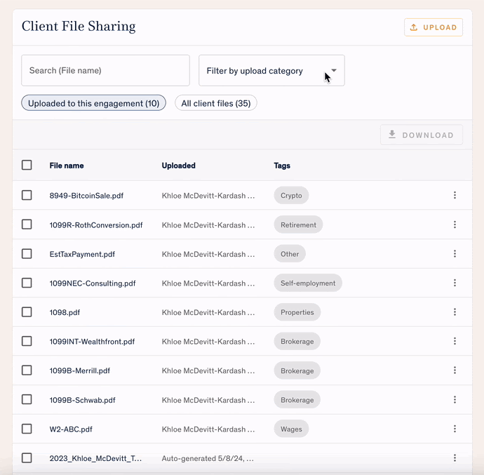 Client file sharing in the Harness portal