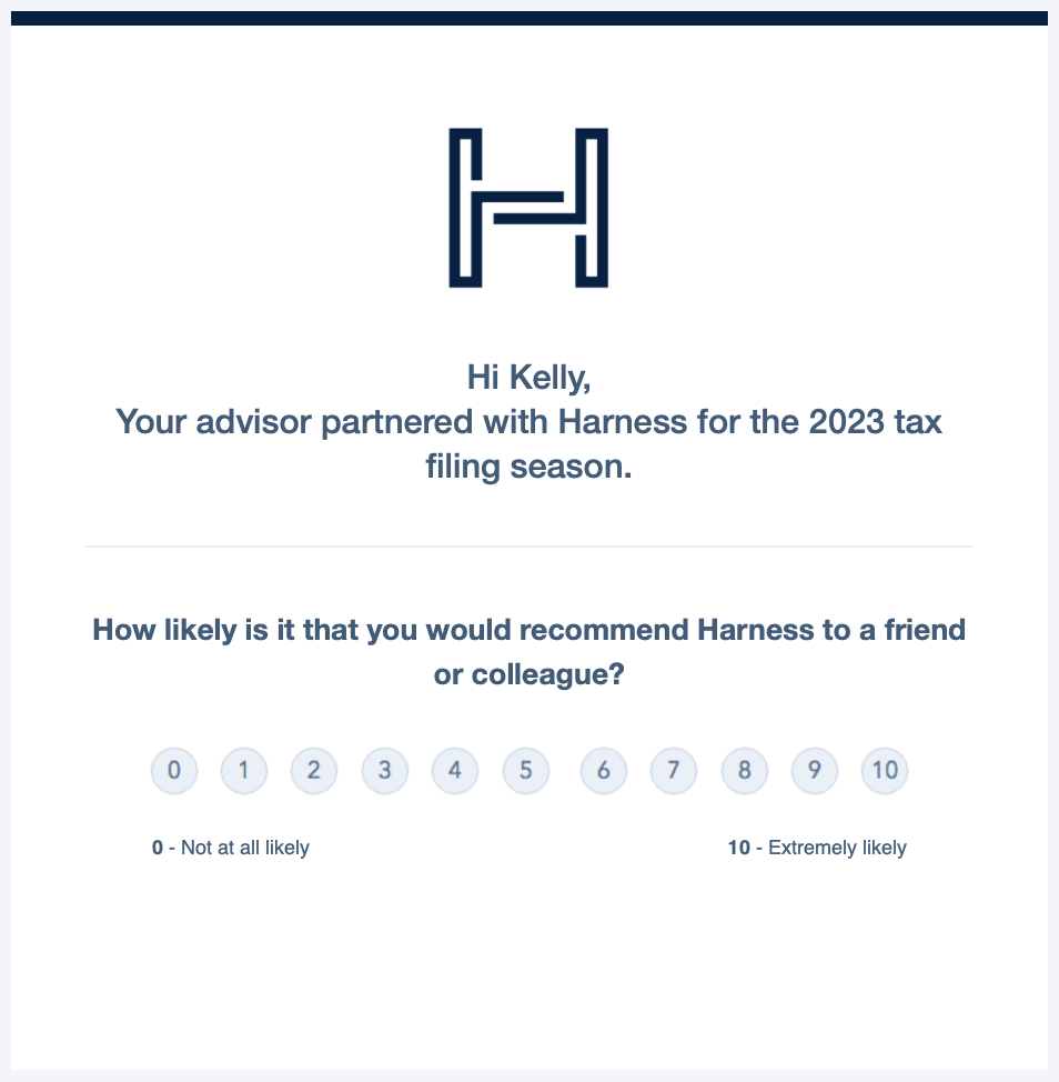 Sample tax client NPS survey from Harness
