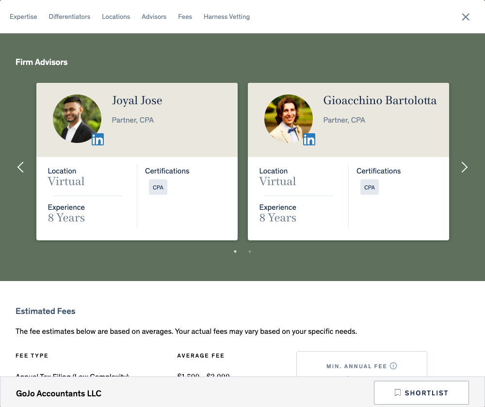 The Advisors section of the Harness Client Portal shows your firm’s advisors’ headshots, LinkedIn profiles, certifications, and years of experience.