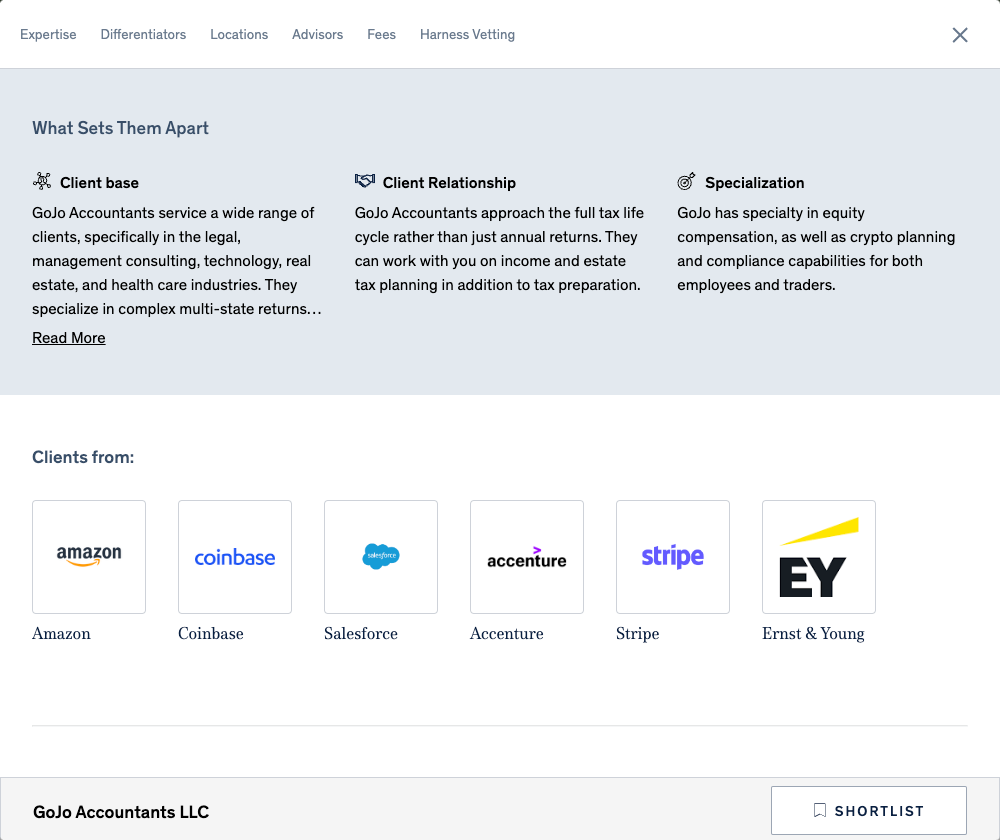 The Differentiators section of the Harness Client Portal shows prospects what sets your firm apart from other firms, including how you operate and the logos of the companies that your clients work at.