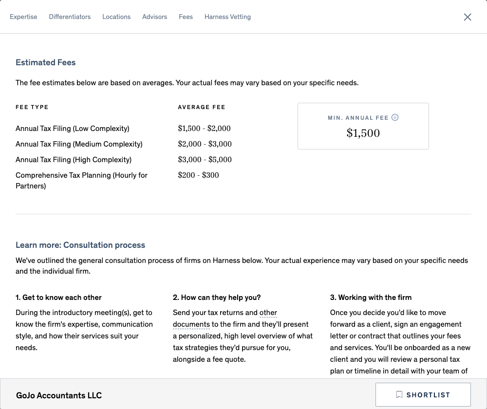 The Fees section of the Harness Client Portal lists the estimated fees for the various services your firm offers.