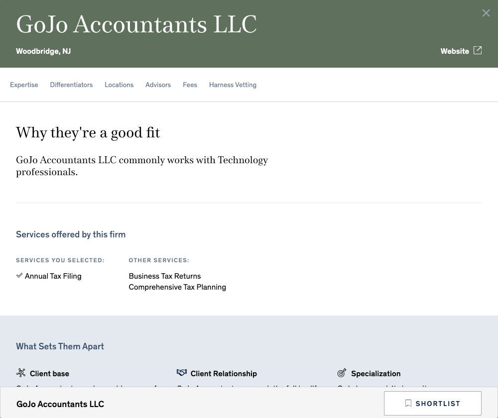The Expertise section of the Harness Client Portal provides a high-level overview of why a tax firm is a good fit for a client, along with a link to the firm's website. 