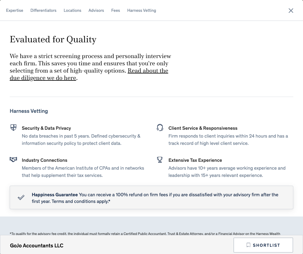 The Harness Vetting section of the Harness Client Portal is a reminder to prospective clients that your firm was carefully vetted by the Harness team to meet the demanding needs of clients looking for comprehensive tax services.