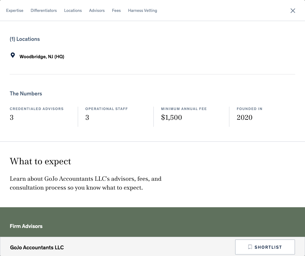 The Locations section of the Harness Client Portal shows where your firm is located, although you can serve clients remotely, along with additional details on the number of advisors and operational staff at your firm.